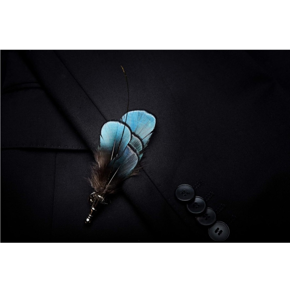 Men’s Handmade Feather Pre Tied Bow Tie and Matching Lapel Pin Set Gift Box Blue - Picture 3 of 3